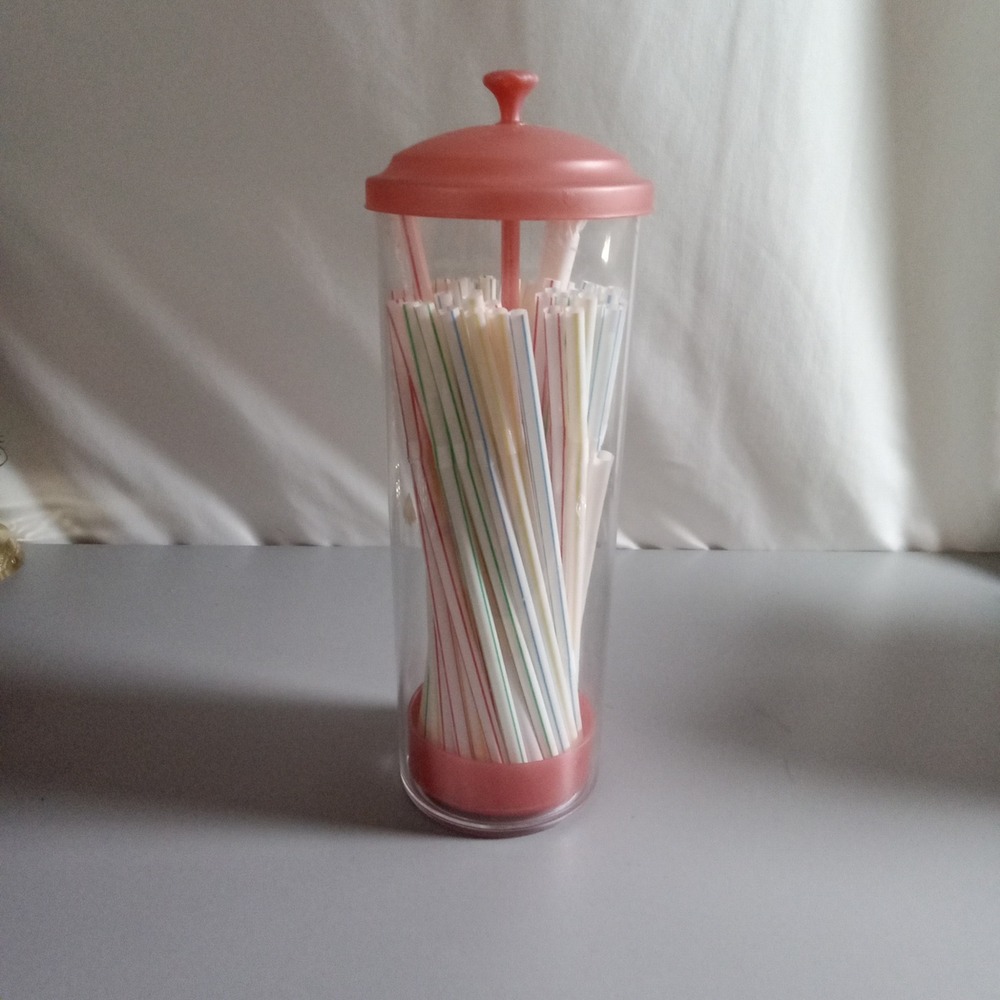 Vintage Style Clear Plastic Straw Dispenser Salmon Pink Lid with Straws 11 inch